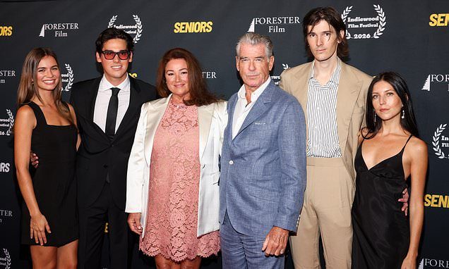 Pierce Brosnan enjoys a full family outing with wife Keely Shaye Smith, sons Paris and Dylan and their girlfriends at t…