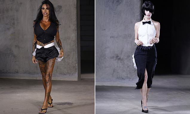 Katie Price shows off the results of her latest boob job in a plunging waistcoat as she and Kelly Osbourne hit the catw…