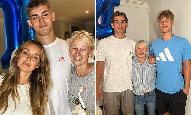 Louise Redknapp's sons Charley, 22, and Beau, 17, tower over her as they celebrate her mum's birthday