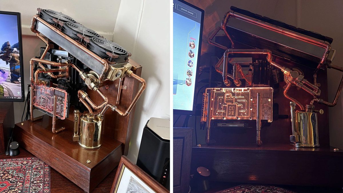Fully custom copper PC features upcycled blowtorch reservoir — antique wooden pedestal complements steampunk design hid…