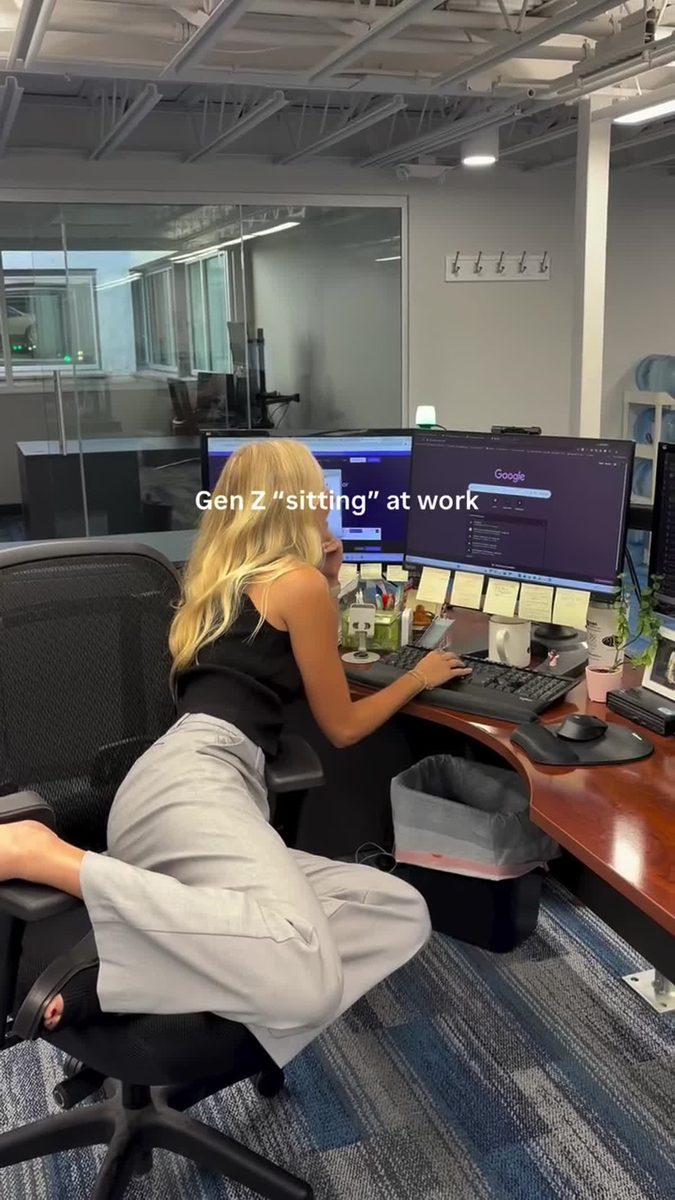 Everyday is an opportunity to find a new way to sit in our chairs. #genzatwork #officehumor #corp #voidex #lena