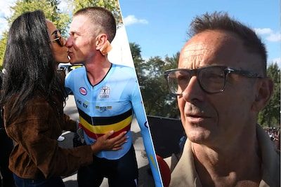 Remco Evenepoel valt na vierde wereldtitel in armen van Oumi, vader Patrick trots: “Hij kan als geen ander naar een doe…