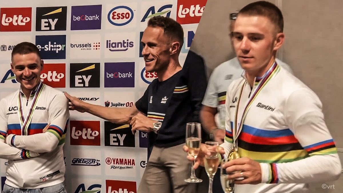 Een "speels" prikje voor de WK-wegrit: bondscoach steelt de show op overwinningsfeestje van Remco Evenepoel