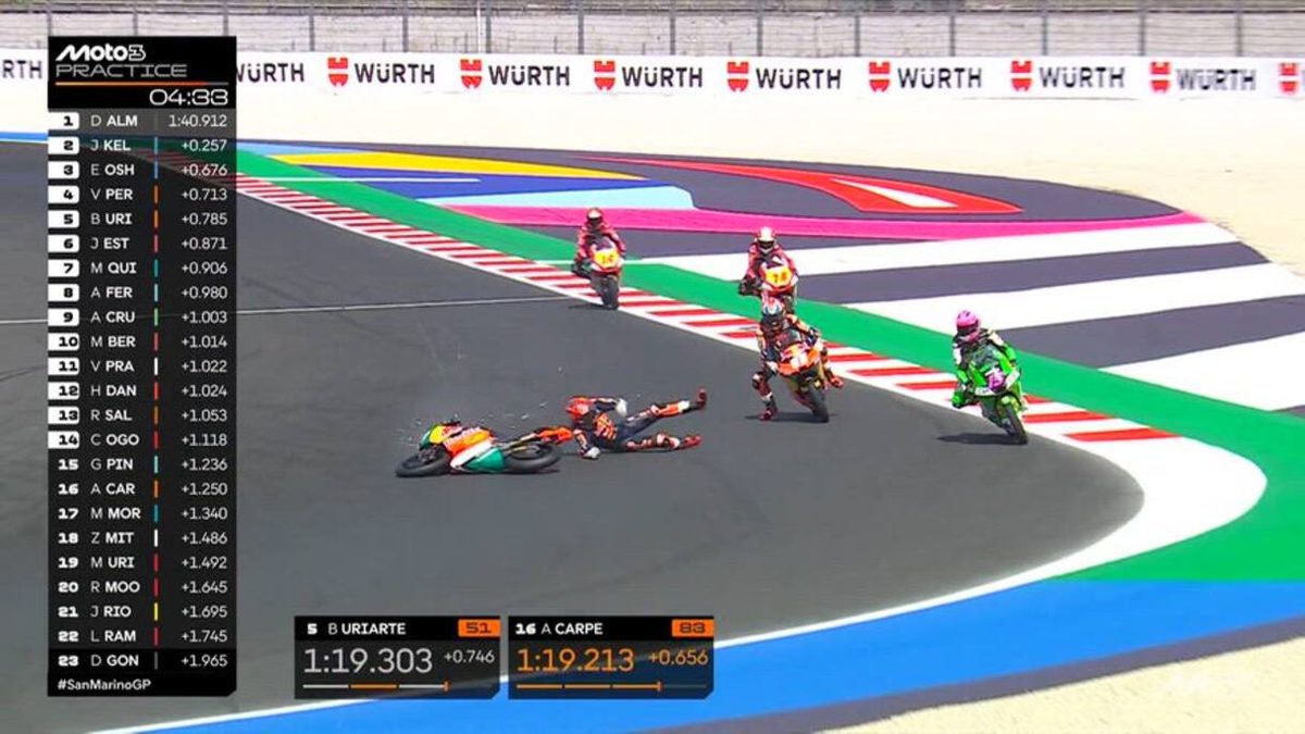 Che rischio per Uriarte: cade e passa in mezzo a tre moto
