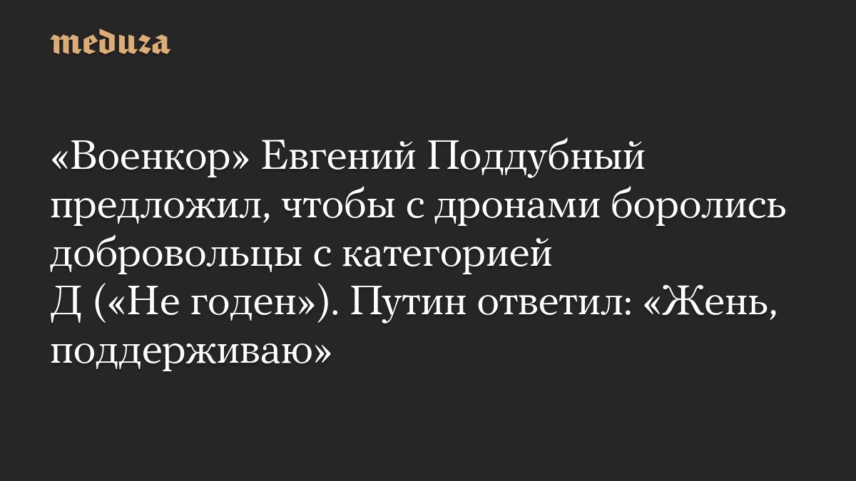 «Военкор» Евгений Поддубный предложил, чтобы с дронами боролись добровольцы с категорией Д («Не годен»). Путин ответил:…