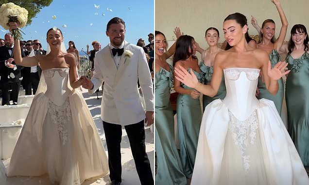 Francesca Allen walks down the aisle in a dramatic haute couture gown as she's accompanied by her Love Island co-star b…