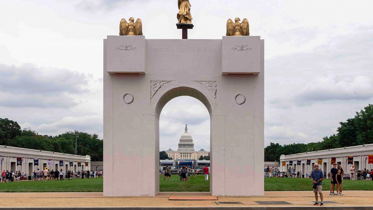 Trump says his planned arch would become a 'military complex' able to host drones and snipers