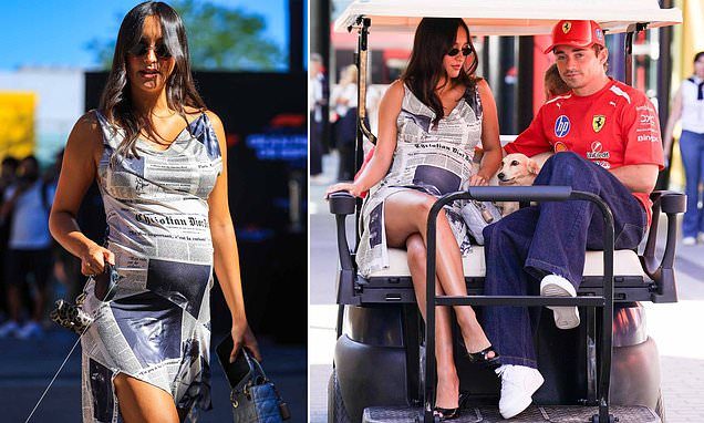 Charles Leclerc's pregnant wife Alexandra shows off her baby bump in Dior newspaper dress as she joins the F1 star and…