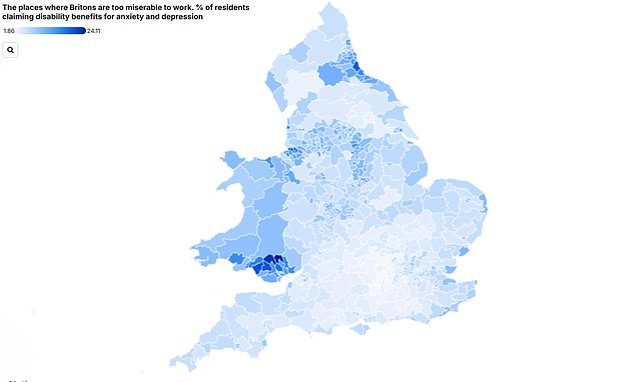 Map reveals areas of the UK where Britons are too depressed to work - as mental health benefit claims rocket 100 per ce…