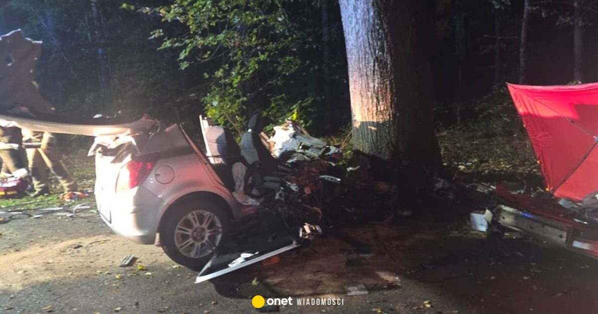 Śmiertelny wypadek. Samochód został kompletnie rozbity na drzewie