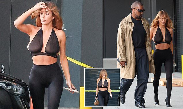 Kanye's wife Bianca Censori goes bra-free in a sheer top with tight leggings as they get VIP viewing of George Lucas' m…