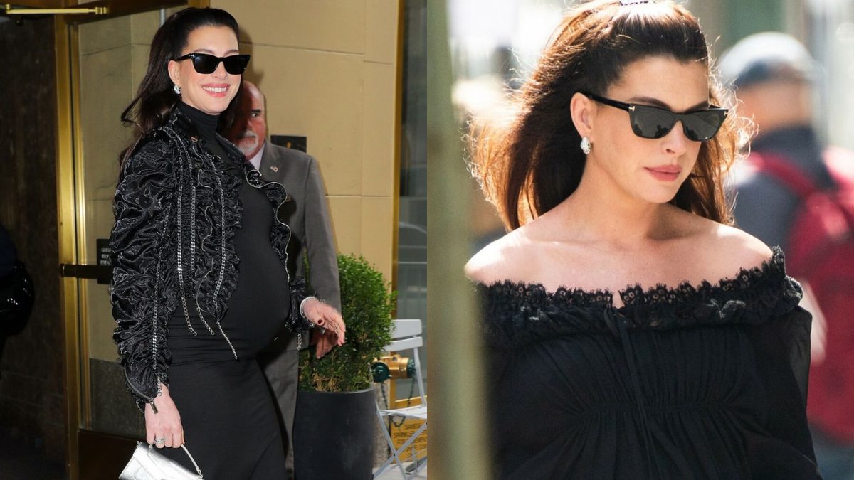 Ciężarna 43-letnia Anne Hathaway opuszcza nowojorski hotel i eksponuje wielki brzuch w czarnej kreacji (ZDJĘCIA)