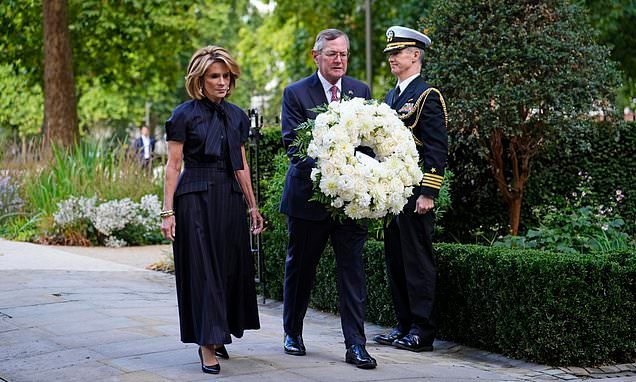 London remembers 9/11: US ambassador Warren Stephens lays wreath with his wife in Grosvenor Square to mark 25th anniver…