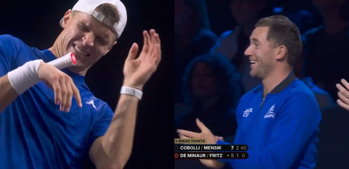 Mensik, la simpatica esultanza alla Laver Cup: fa break e si colpisce la mano... VIDEO