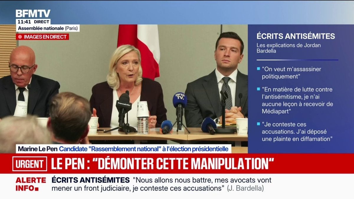 Écrits antisémites attribués à Jordan Bardella: Marine Le Pen fait part de sa "confiance absolue" envers le président d…
