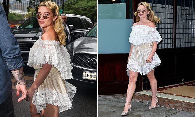 Florence Pugh turns heads in a lace-trim Chloé mini-dress and micro shades as she steps out in New York