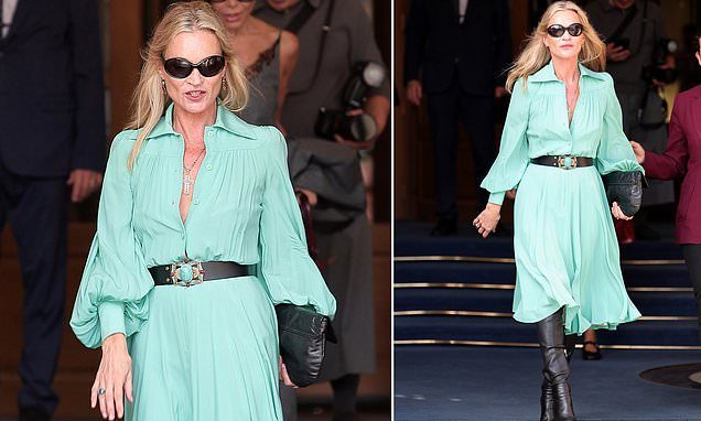 Kate Moss exudes elegance in a retro-inspired mint shirt dress as she leaves The Ritz during Paris Fashion Week