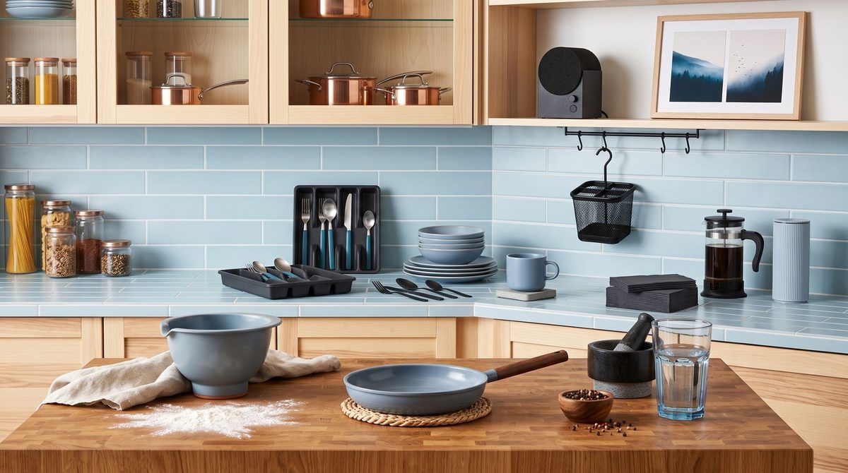 IKEA kitchen trends for autumn 2026 — clever storage and accessories in calming anthracite and duck egg blue, from £1