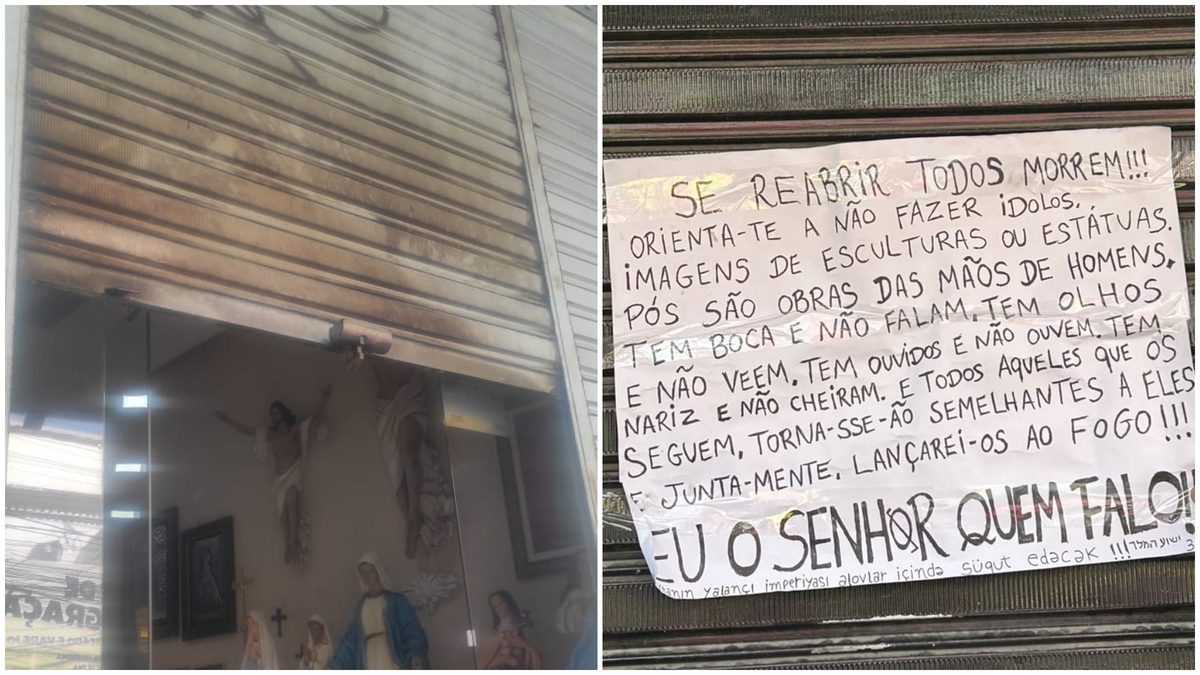 Loja de produtos católicos é atacada na mesma noite que lojas de umbanda e recebe ameaça em cartaz: 'Se reabrir, vai mo…