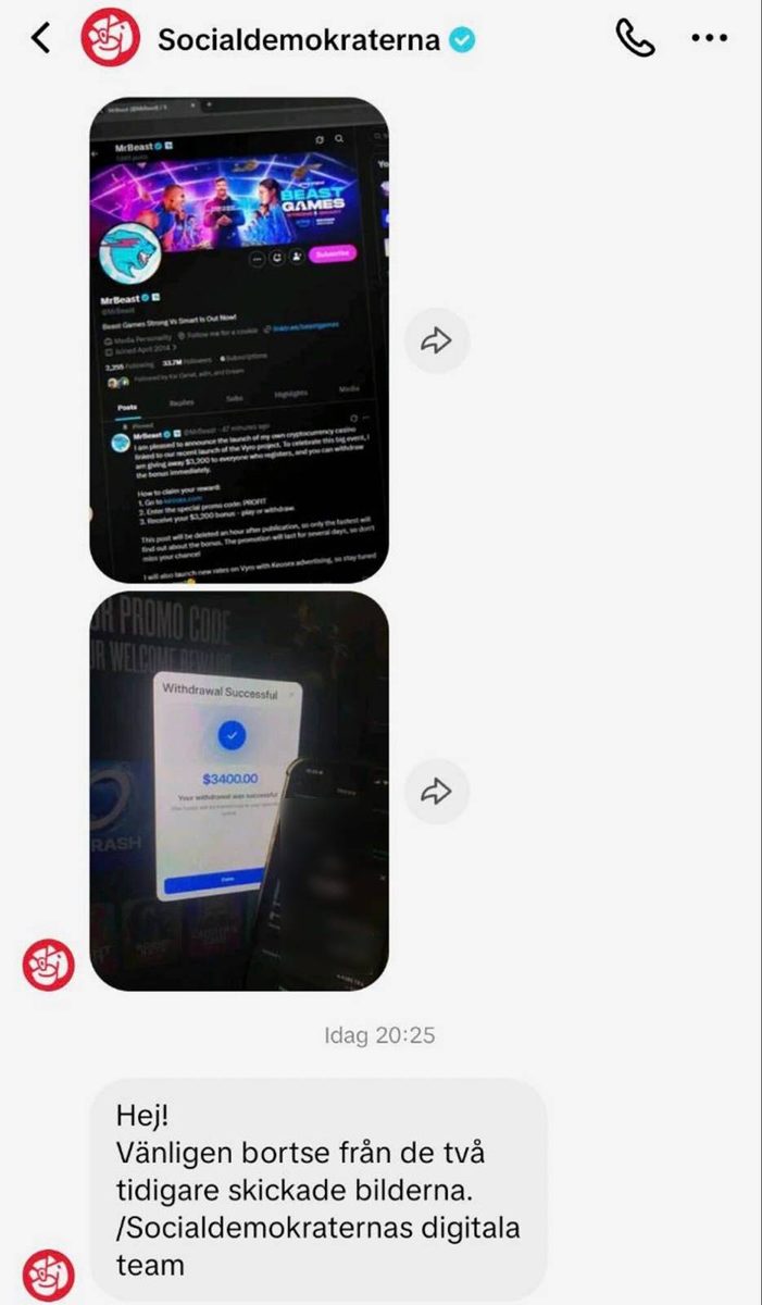 S skickade kryptobedrägeri: ”Hackat”