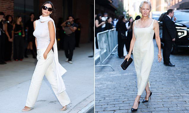 Emily Ratajkowski goes braless in a daring white top as she joins makeup free Pamela Anderson for New York Fashion Week…
