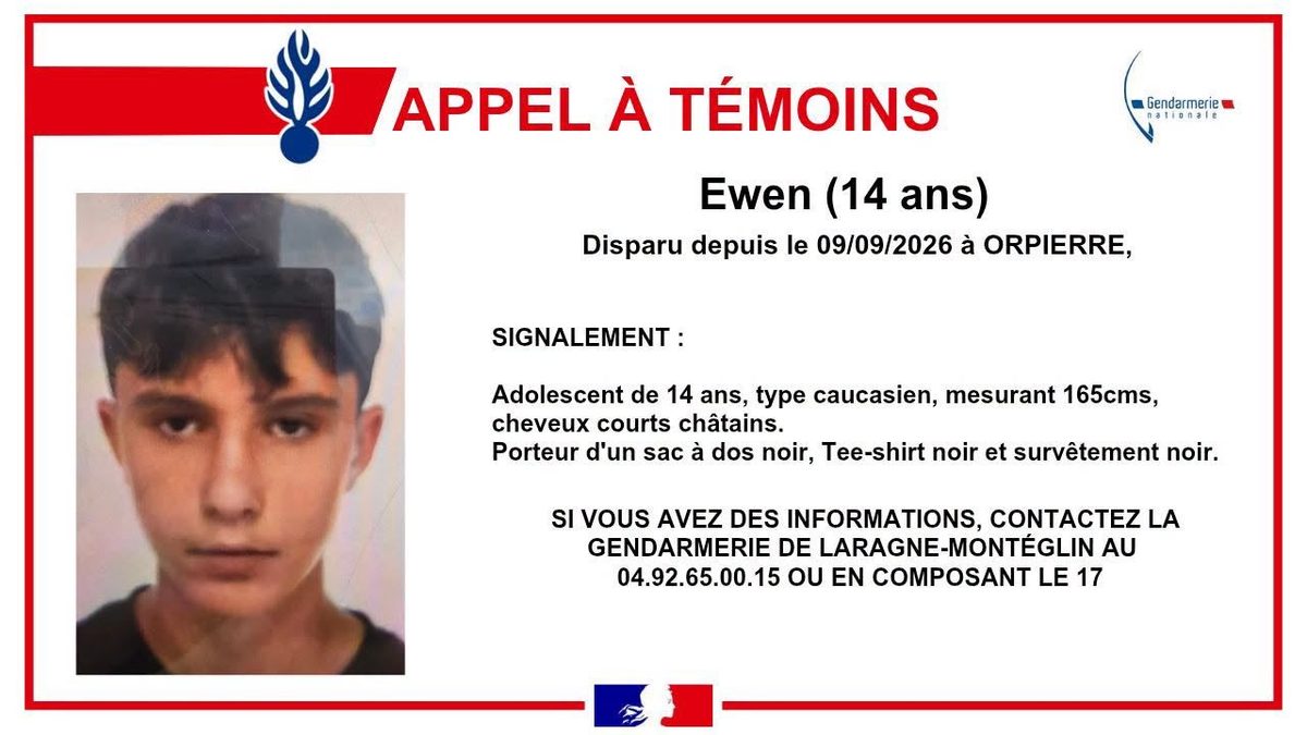 Disparition d'Ewen, 14 ans, dans les Hautes-Alpes, un appel à témoins lancé par les gendarmes