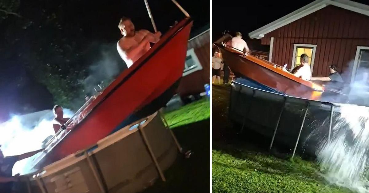 Här kör de båt i poolen under fest i Lycksele – klippet sprids över världen: ”Ingen ångest”