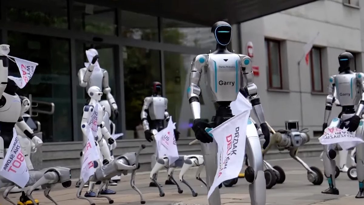 Robots congregate outside Polish ministry as part of demonstration for more AI regulation