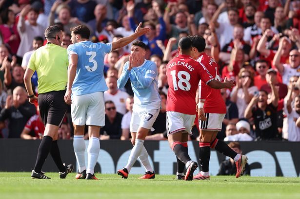 Phil Foden SENT OFF for kicking Bruno Fernandes in Manchester derby flashpoint