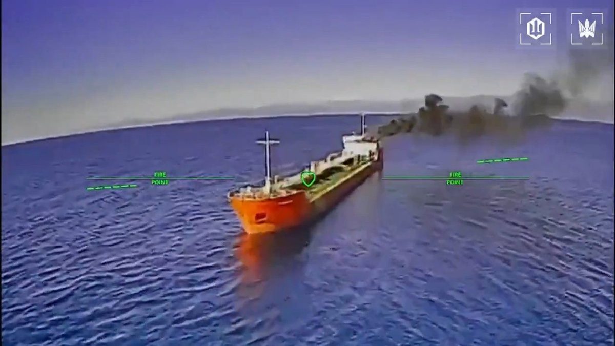Ukrainian drone evades Russian helicopter fire to strike oil tanker