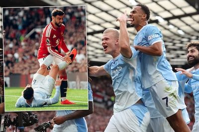Erling Haaland helpt tien van Manchester City aan zege op United na rode kaart Phil Foden