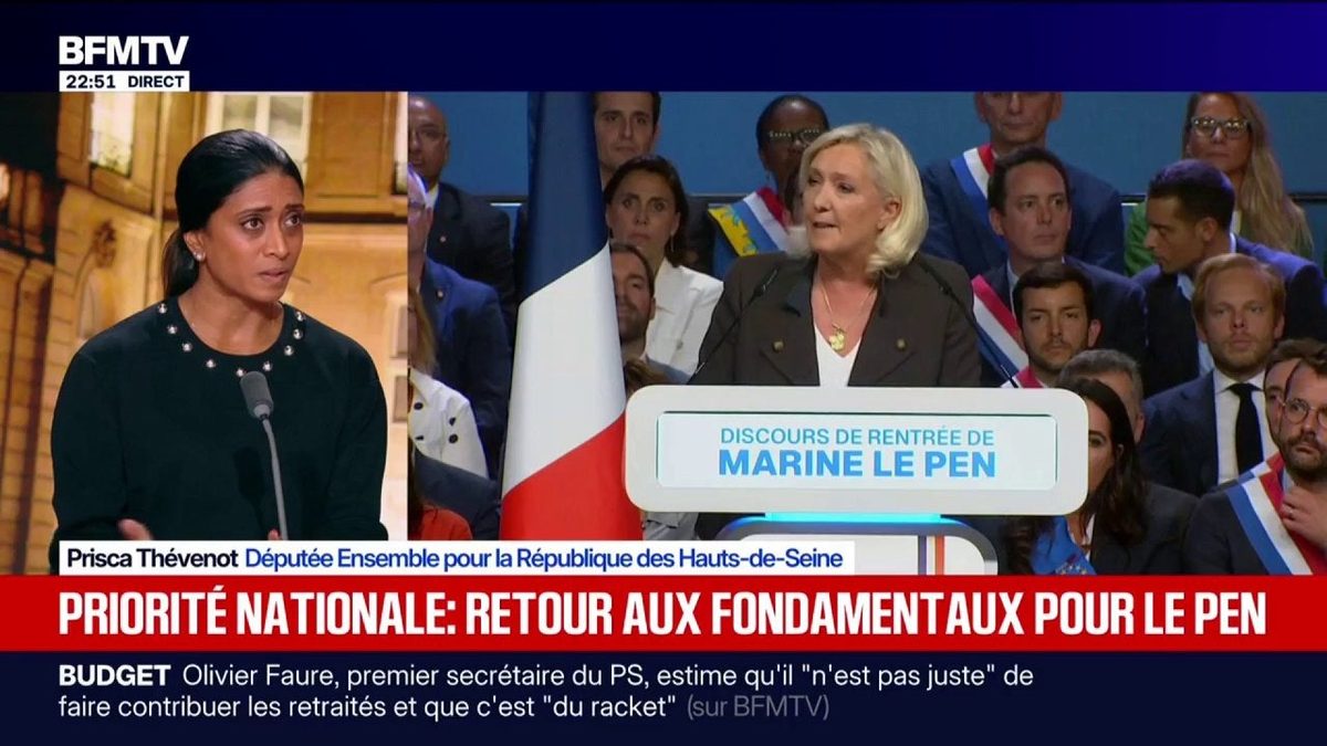 La "priorité nationale" plaidée par Marine Le Pen: "On comprend qu'elle n'est toujours pas préparée", estime Prisca Thé…
